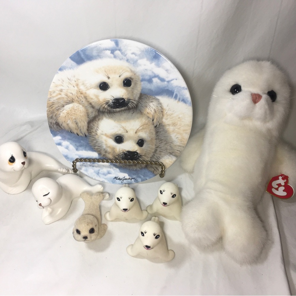 Vintage White Harp Seals Lot Ceramic Figurine  Ty Plush Set Plate Collection